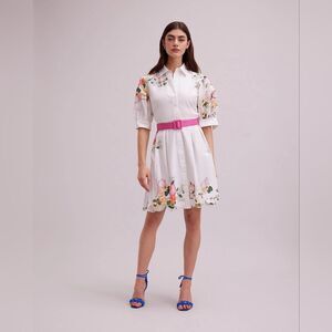 Anne Fontaine White Pink Midi Dress with Cuffed Sleeves
